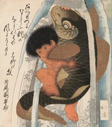 Kaidomaru ringt mit einem Karpfen in einem Wasserfall